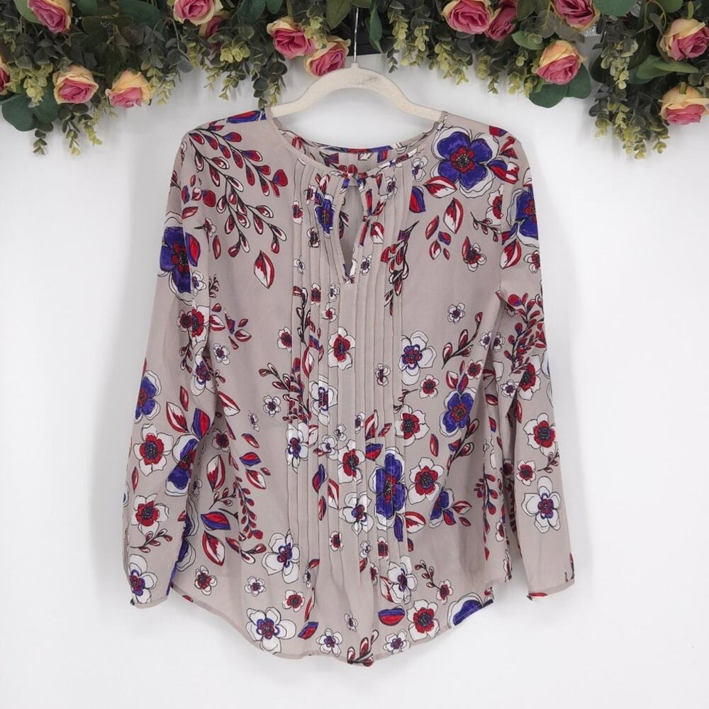 Banana Republic Gray with Red and Blue Floral Long Sleeve Blouse Size Small